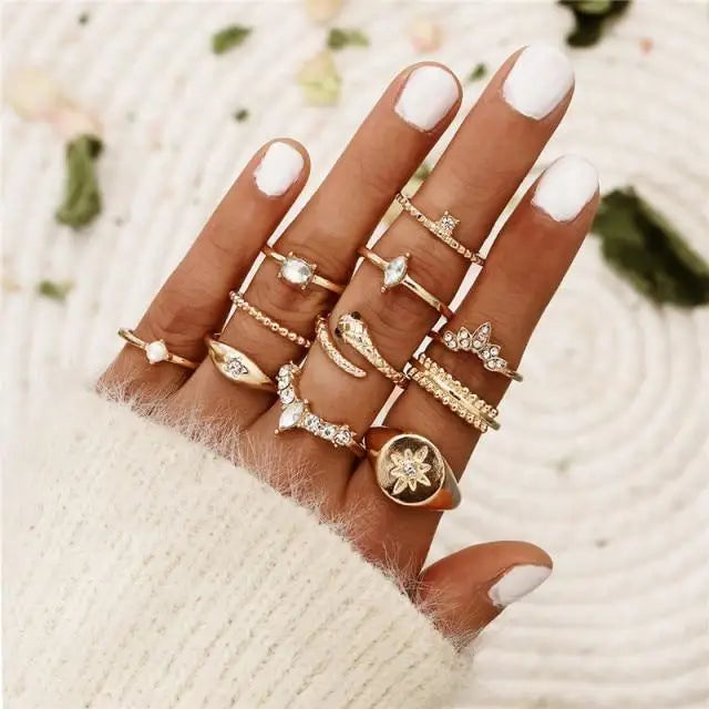 New Gorgeous Moon Star Finger Ring Set For Women And Girls Vintage Style Gold Rings Set For Wedding Jewelry Gifts