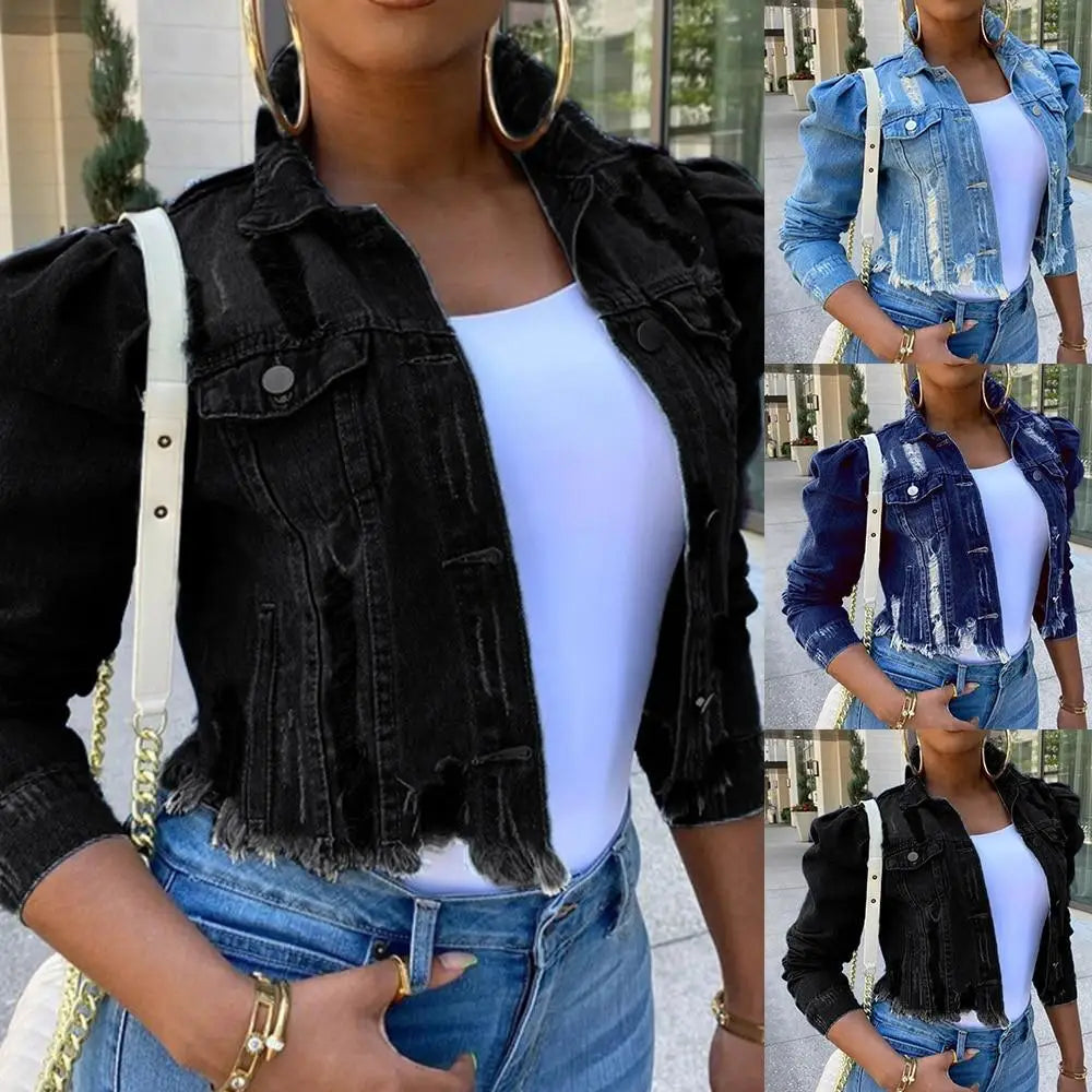 New Incredible Spring Women Sexy Ripped Denim Jackets Vintage Casual Short Jean Jacket Puff Sleeve Winter Female Coat