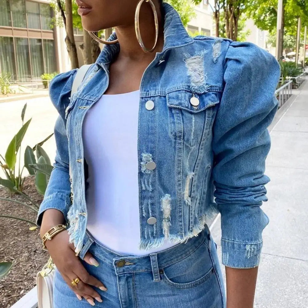 New Incredible Spring Women Sexy Ripped Denim Jackets Vintage Casual Short Jean Jacket Puff Sleeve Winter Female Coat