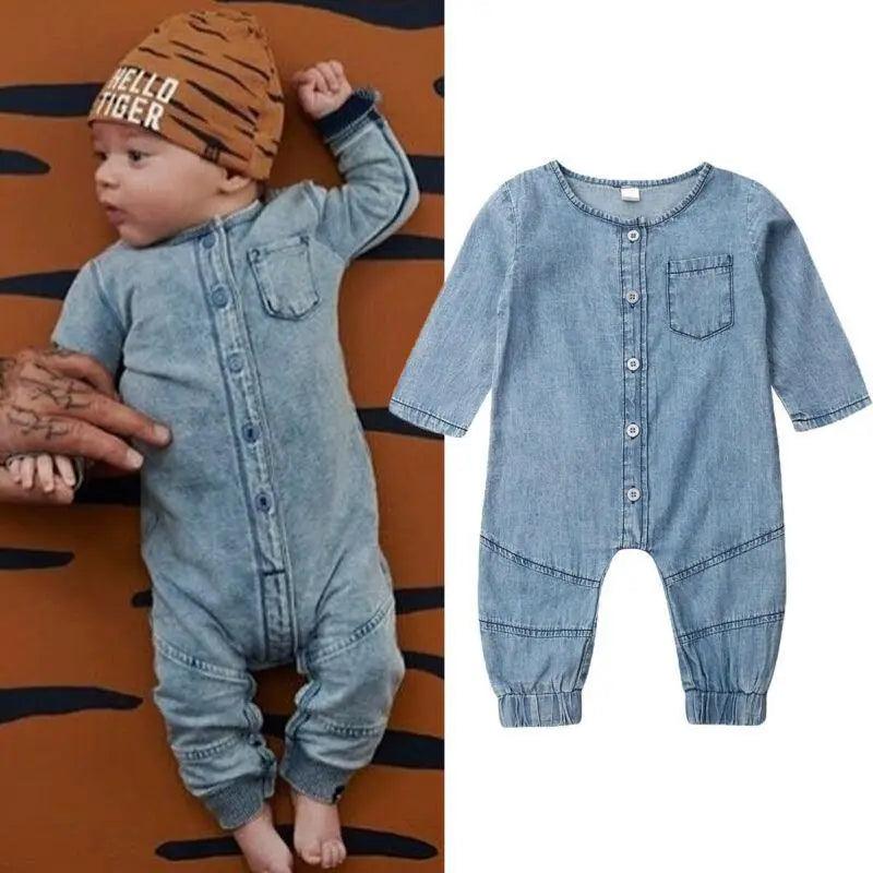 New Infant Kid Baby Girl Boy Clothes Soft Denim Romper Play suit Jumpsuit Outfits 0-24M - STEVVEX Baby - baby, baby birthday clothes, baby boy clothing, baby boy jumpsuits, baby clothing, baby fashion clothing, baby gifts, baby girl dresses, baby items, baby products, baby rompers, baby suits, baby winter clothing, gifts for birthday, kids clothing - Stevvex.com