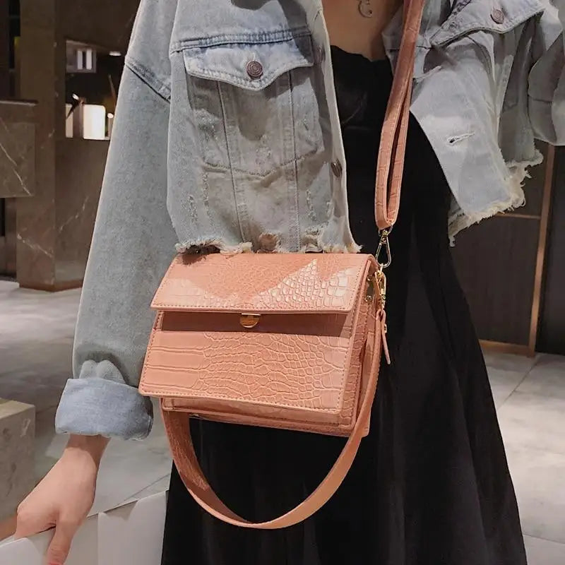 New Luxury Brand Female Flip Square Bag Top Quality Leather Women’s Designer Handbag Crocodile Pattern Shoulder