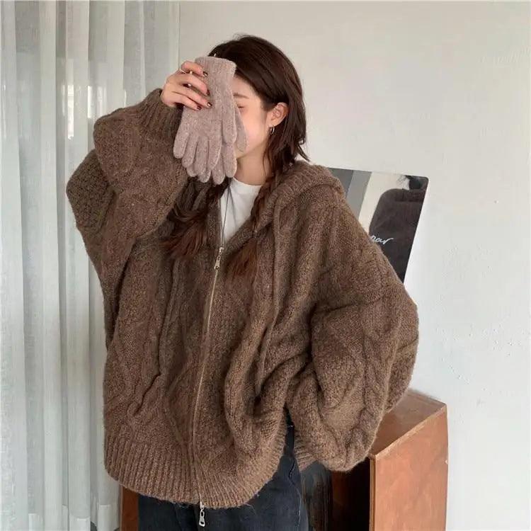 New Luxury Women’sAutumn Winter Oversize Knitted Cardigan Casual Hooded Twist Sweater Zipper Long Sleeve Crochet