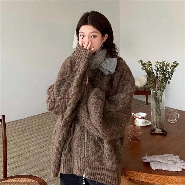 New Luxury Women’sAutumn Winter Oversize Knitted Cardigan Casual Hooded Twist Sweater Zipper Long Sleeve Crochet