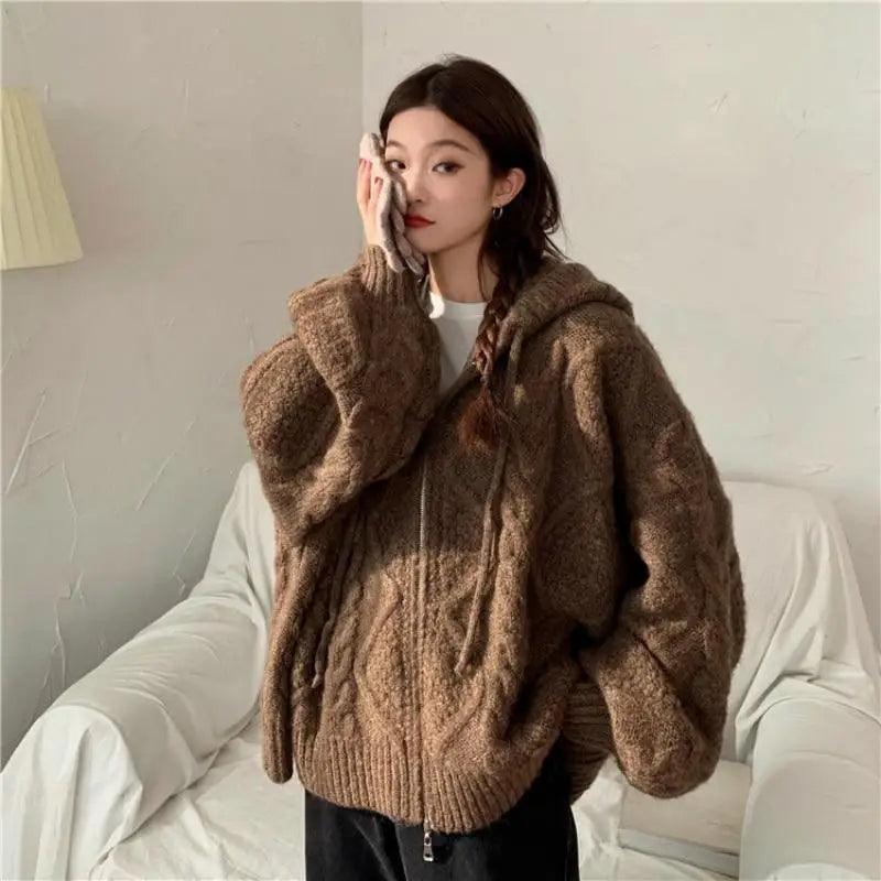 New Luxury Women’sAutumn Winter Oversize Knitted Cardigan Casual Hooded Twist Sweater Zipper Long Sleeve Crochet