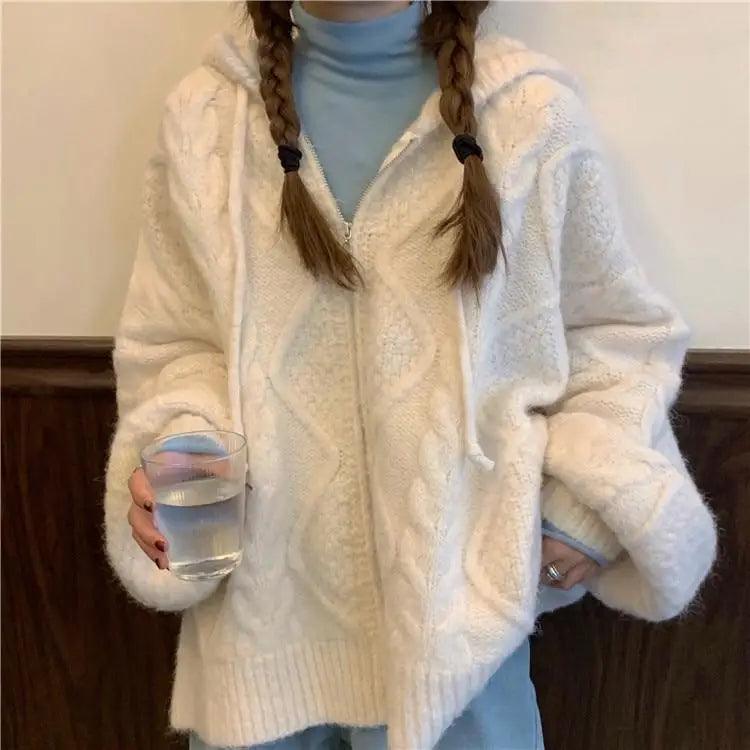 New Luxury Women’sAutumn Winter Oversize Knitted Cardigan Casual Hooded Twist Sweater Zipper Long Sleeve Crochet