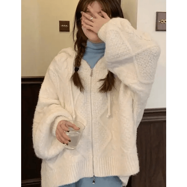 New Luxury Women’sAutumn Winter Oversize Knitted Cardigan Casual Hooded Twist Sweater Zipper Long Sleeve Crochet