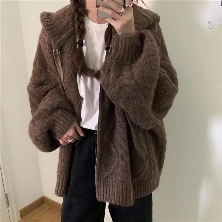 New Luxury Women’sAutumn Winter Oversize Knitted Cardigan Casual Hooded Twist Sweater Zipper Long Sleeve Crochet