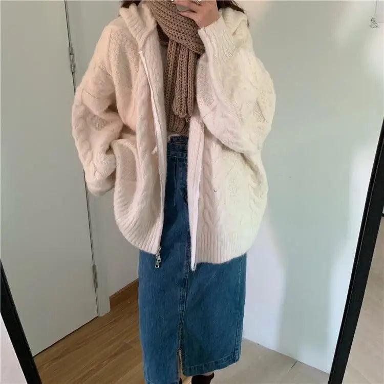 New Luxury Women’sAutumn Winter Oversize Knitted Cardigan Casual Hooded Twist Sweater Zipper Long Sleeve Crochet