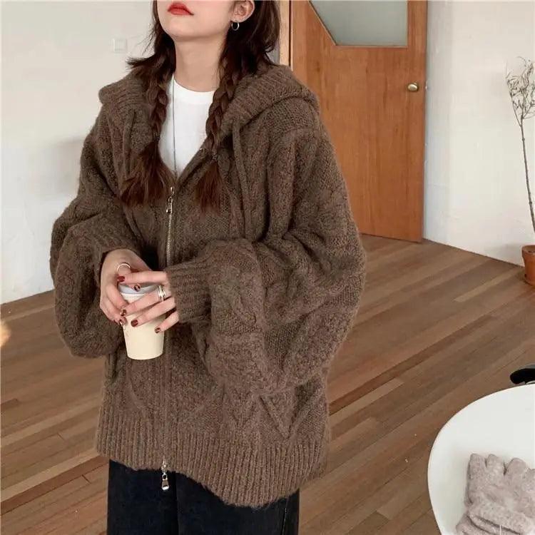 New Luxury Women’sAutumn Winter Oversize Knitted Cardigan Casual Hooded Twist Sweater Zipper Long Sleeve Crochet