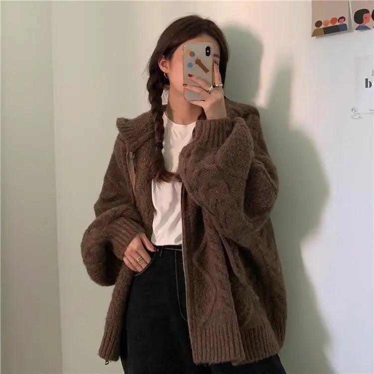 New Luxury Women’sAutumn Winter Oversize Knitted Cardigan Casual Hooded Twist Sweater Zipper Long Sleeve Crochet