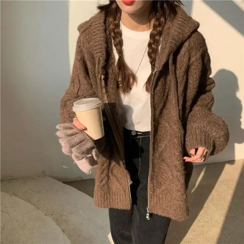 New Luxury Women’sAutumn Winter Oversize Knitted Cardigan Casual Hooded Twist Sweater Zipper Long Sleeve Crochet