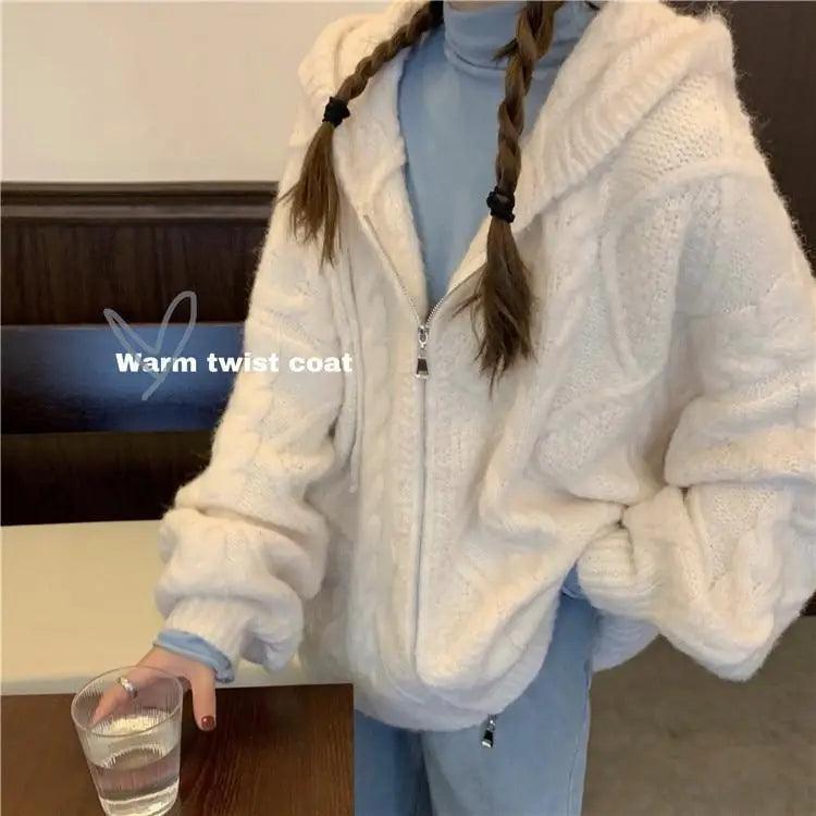 New Luxury Women’sAutumn Winter Oversize Knitted Cardigan Casual Hooded Twist Sweater Zipper Long Sleeve Crochet