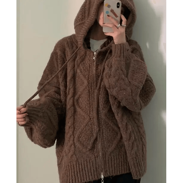 New Luxury Women’sAutumn Winter Oversize Knitted Cardigan Casual Hooded Twist Sweater Zipper Long Sleeve Crochet