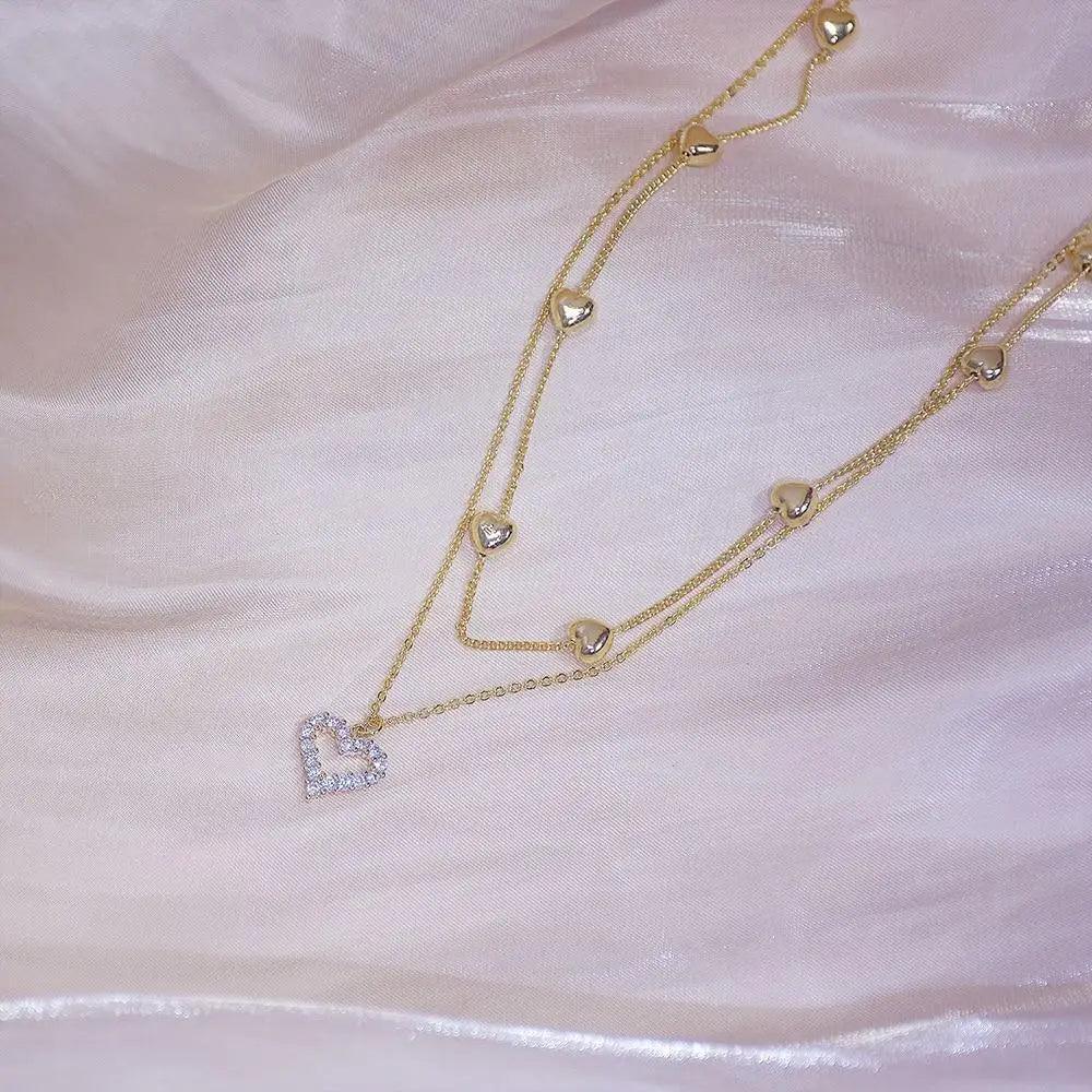 New Shining Zircon 14k Gold Double layer Heart Necklace For Women And Girls Elegant Clavicle Chain Wedding Pendant