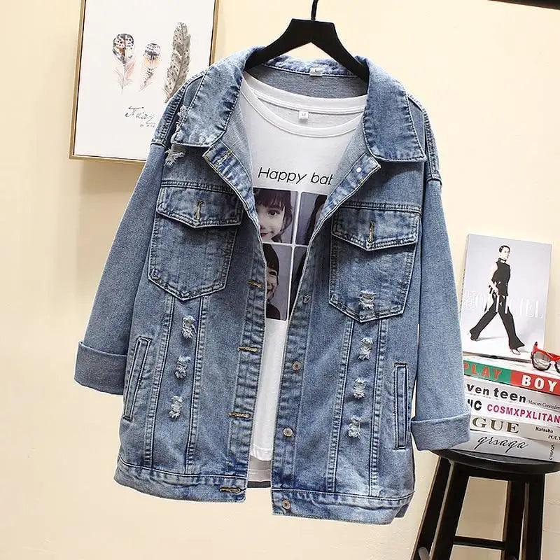 New Sizzling Women’s Denim Jacket Fashionable Streetwear Letter Stylish Chic Printed Ripped Holes Jean Patchwork