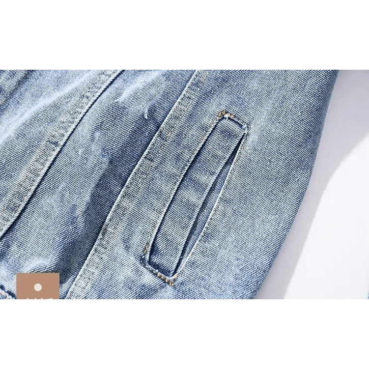 New Sizzling Women’s Denim Jacket Fashionable Streetwear Letter Stylish Chic Printed Ripped Holes Jean Patchwork