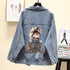 New Sizzling Women’s Denim Jacket Fashionable Streetwear Letter Stylish Chic Printed Ripped Holes Jean Patchwork