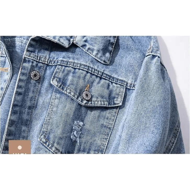 New Sizzling Women’s Denim Jacket Fashionable Streetwear Letter Stylish Chic Printed Ripped Holes Jean Patchwork