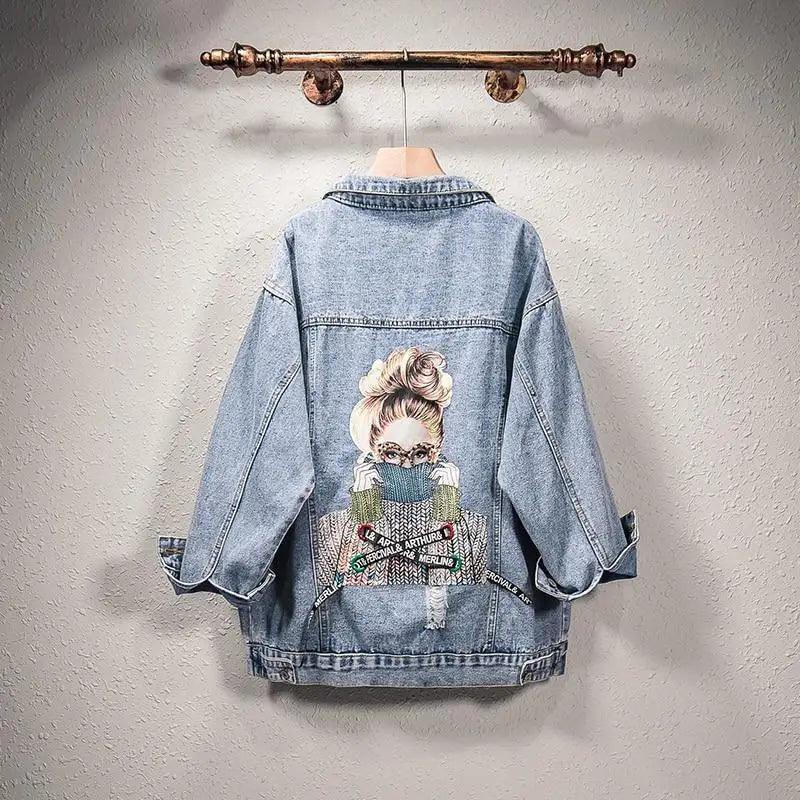 New Sizzling Women’s Denim Jacket Fashionable Streetwear Letter Stylish Chic Printed Ripped Holes Jean Patchwork