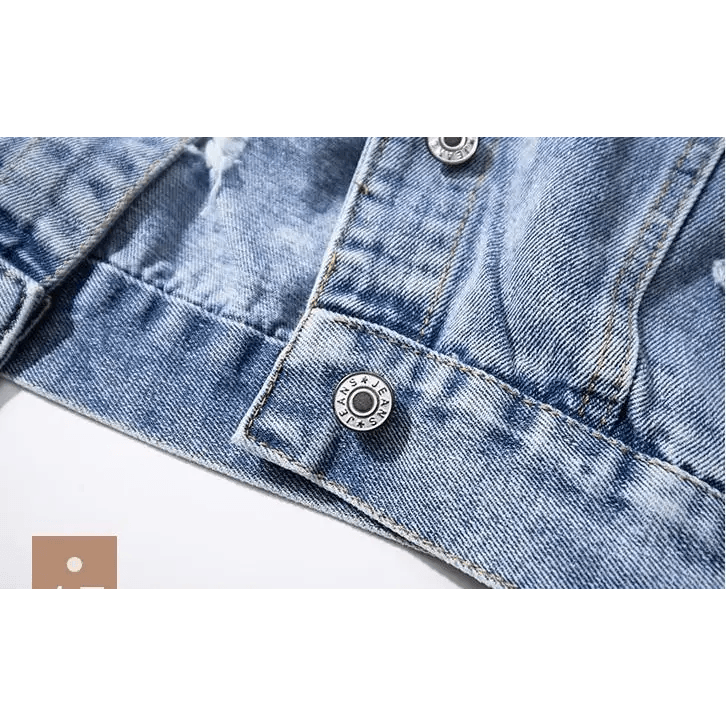 New Sizzling Women’s Denim Jacket Fashionable Streetwear Letter Stylish Chic Printed Ripped Holes Jean Patchwork