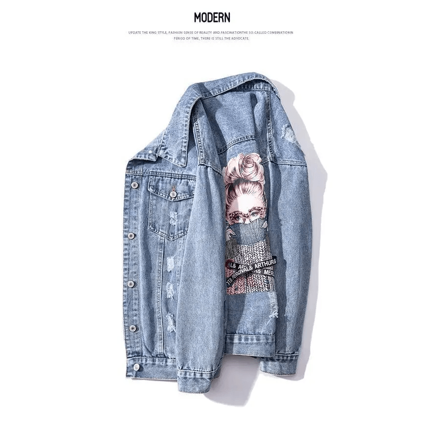 New Sizzling Women’s Denim Jacket Fashionable Streetwear Letter Stylish Chic Printed Ripped Holes Jean Patchwork