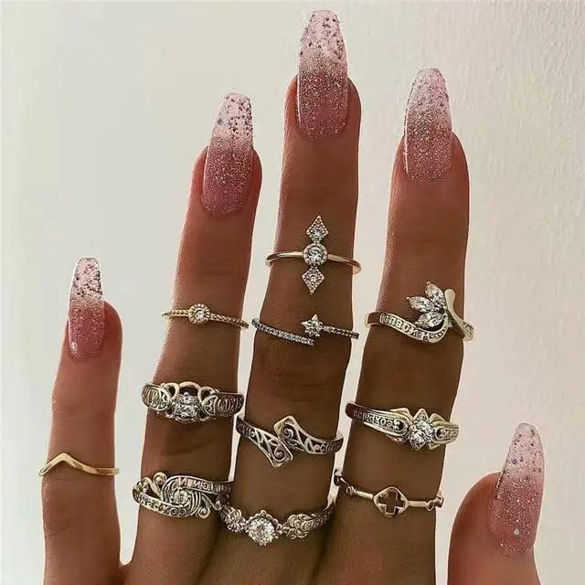 New Sparkling Midi Round Twist Weave Ring Set For Women And Girls - Elegant Classic Knuckle Finger Female Rings - 14