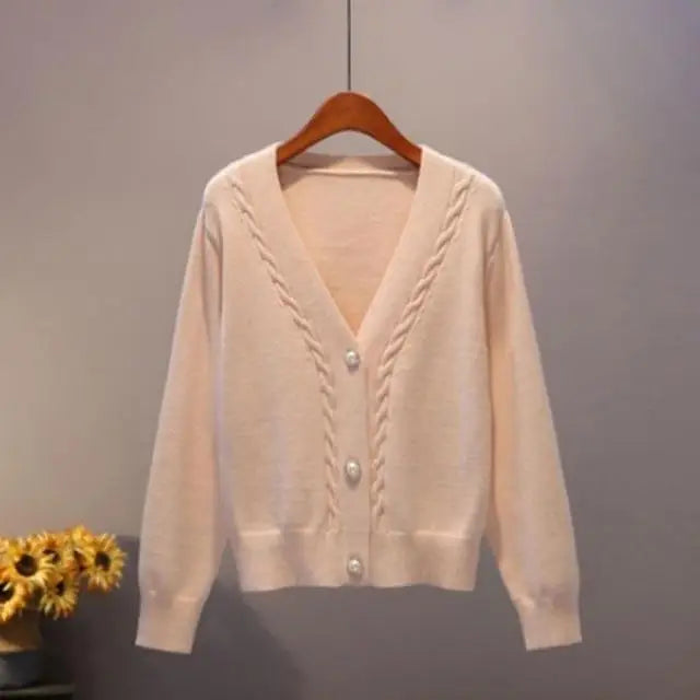 New Stunning Sweater Cardigan For Women Autumn Winter V Neck Pearl Single Breasted Loose Short Thicken Sweater Sweet