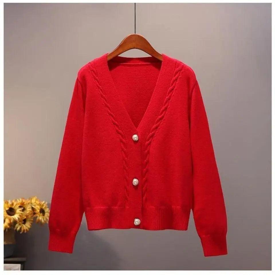 New Stunning Sweater Cardigan For Women Autumn Winter V Neck Pearl Single Breasted Loose Short Thicken Sweater Sweet