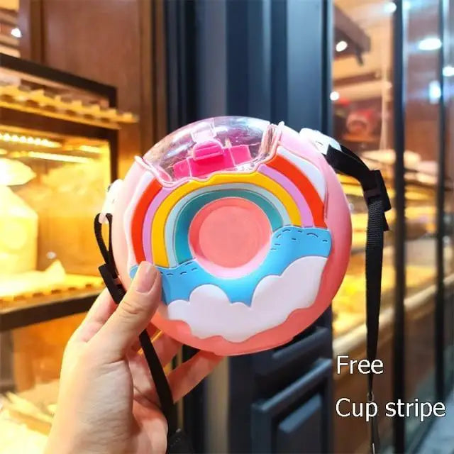 New Summer Cute Donut Ice Cream Water Bottle With Straw Creative Square Watermelon Cup Portable Leakproof Bottle - Pink