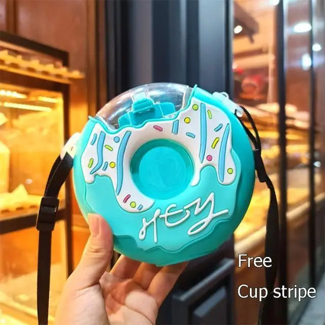 New Summer Cute Donut Ice Cream Water Bottle With Straw Creative Square Watermelon Cup Portable Leakproof Bottle - Blue