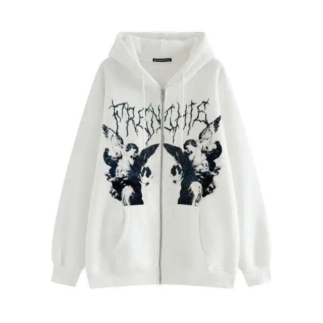 New Trendy Vintage Hip Hop Streetwear Women Hoodies Angel Dark Print Zipper Jacket Coat Hooded Top Clothes Men Women