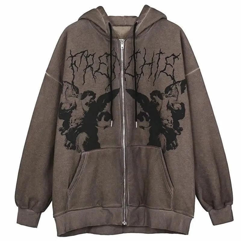 New Trendy Vintage Hip Hop Streetwear Women Hoodies Angel Dark Print Zipper Jacket Coat Hooded Top Clothes Men Women