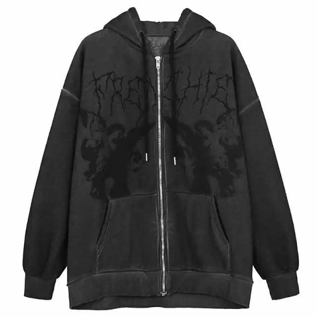 New Trendy Vintage Hip Hop Streetwear Women Hoodies Angel Dark Print Zipper Jacket Coat Hooded Top Clothes Men Women