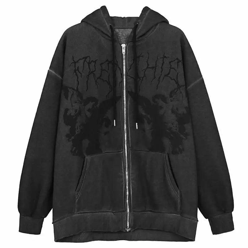 New Trendy Vintage Hip Hop Streetwear Women Hoodies Angel Dark Print Zipper Jacket Coat Hooded Top Clothes Men Women