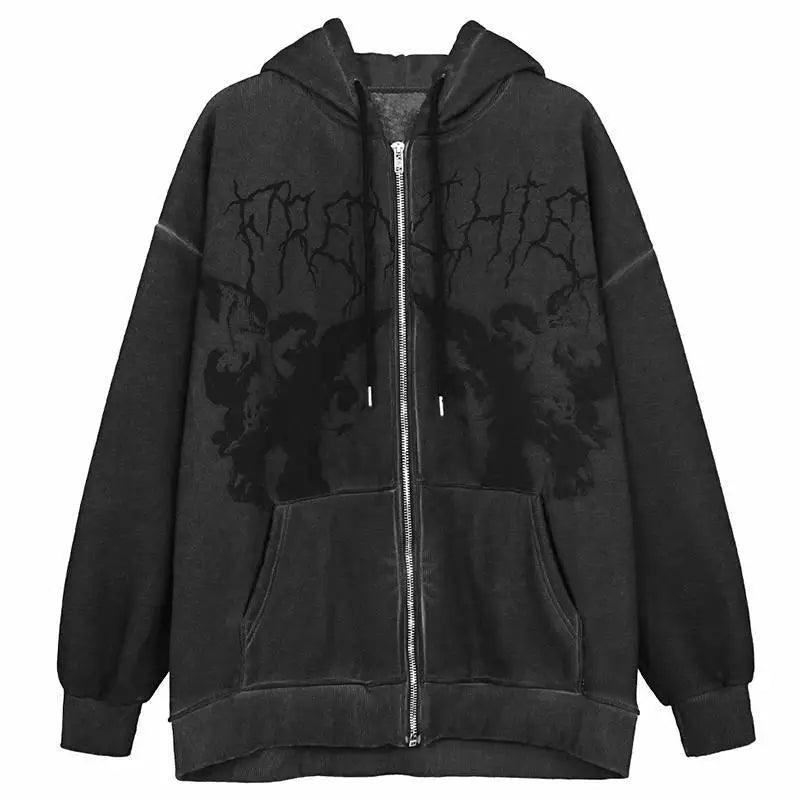 New Trendy Vintage Hip Hop Streetwear Women Hoodies Angel Dark Print Zipper Jacket Coat Hooded Top Clothes Men Women