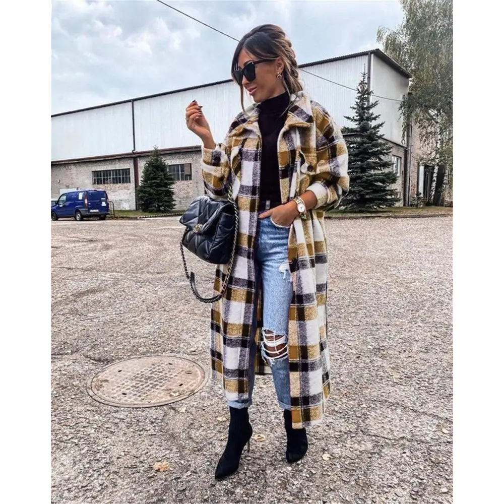 New Trendy Women’s Coat Autumn Winter Long Sleeve Red Plaid Jacket Women Lapel Single Breasted Cardigan Coat Turndown