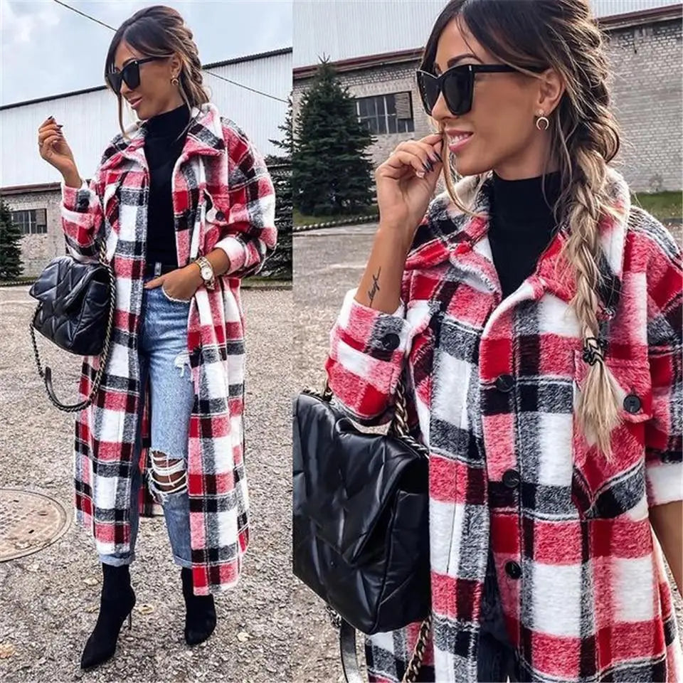 New Trendy Women’s Coat Autumn Winter Long Sleeve Red Plaid Jacket Women Lapel Single Breasted Cardigan Coat Turndown