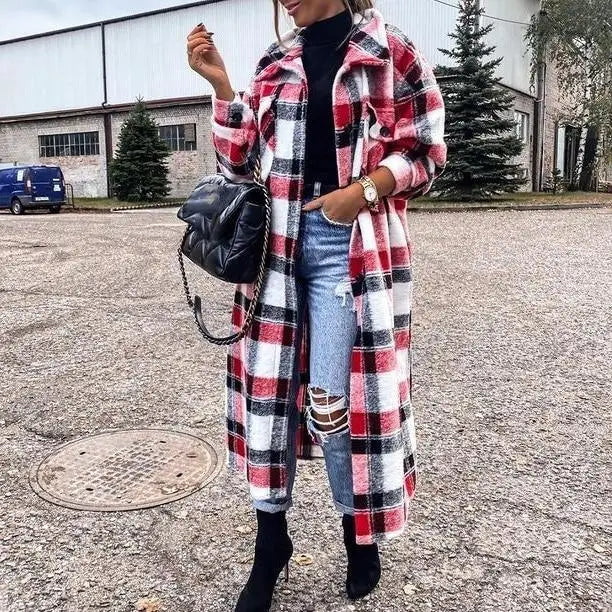 New Trendy Women’s Coat Autumn Winter Long Sleeve Red Plaid Jacket Women Lapel Single Breasted Cardigan Coat Turndown