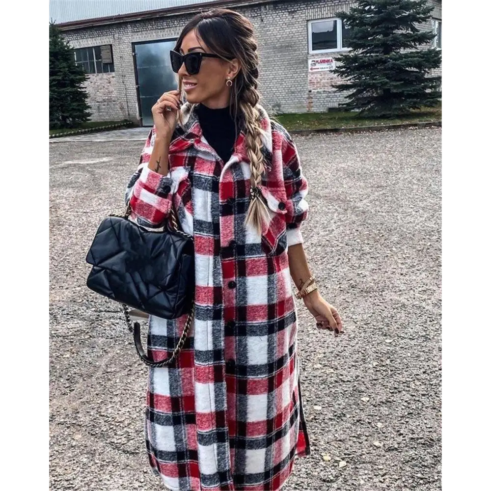 New Trendy Women’s Coat Autumn Winter Long Sleeve Red Plaid Jacket Women Lapel Single Breasted Cardigan Coat Turndown