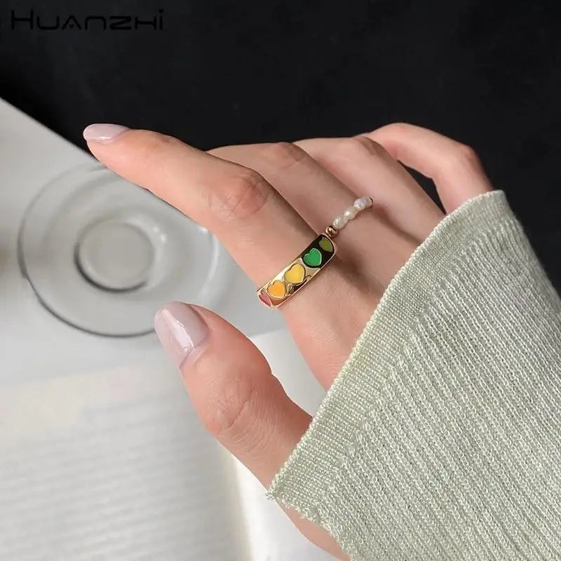 New Vintage Style Hit Colourful Love Heart Metal Rings for Women Girls - Unique Design Female Party Jewelry