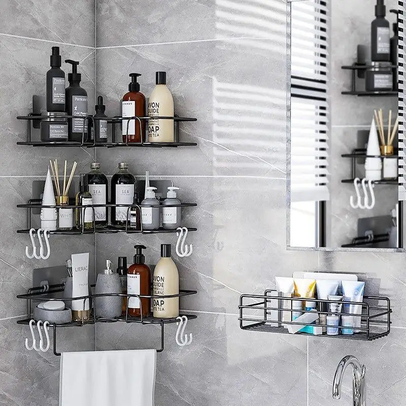 Premium Quality Bathroom Kitchen Punch Corner Frame Shower Shelf Wrought Iron Shampoo Storage Rack Holder with Suction