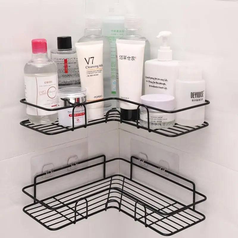 Premium Quality Bathroom Kitchen Punch Corner Frame Shower Shelf Wrought Iron Shampoo Storage Rack Holder with Suction