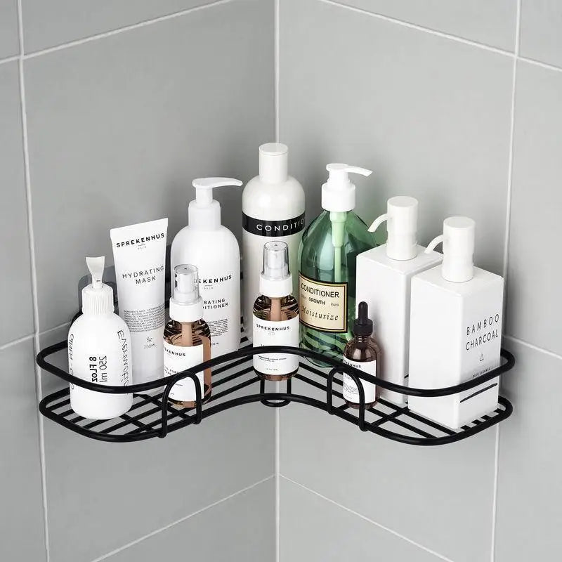 Premium Quality Bathroom Kitchen Punch Corner Frame Shower Shelf Wrought Iron Shampoo Storage Rack Holder with Suction