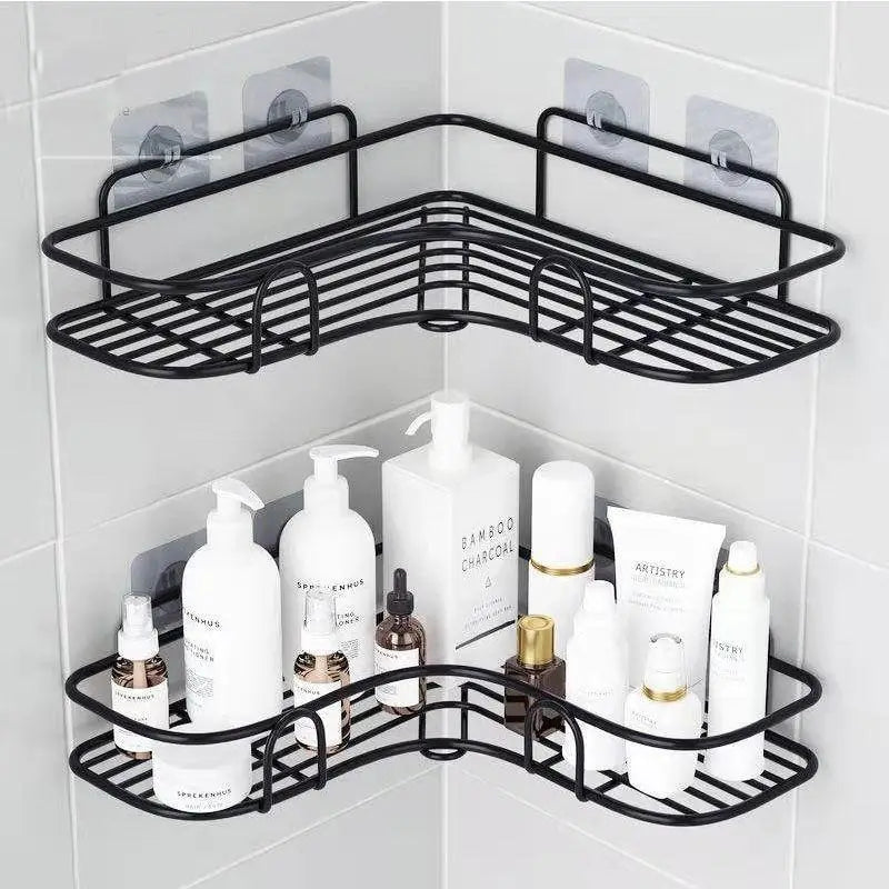 Premium Quality Bathroom Kitchen Punch Corner Frame Shower Shelf Wrought Iron Shampoo Storage Rack Holder with Suction