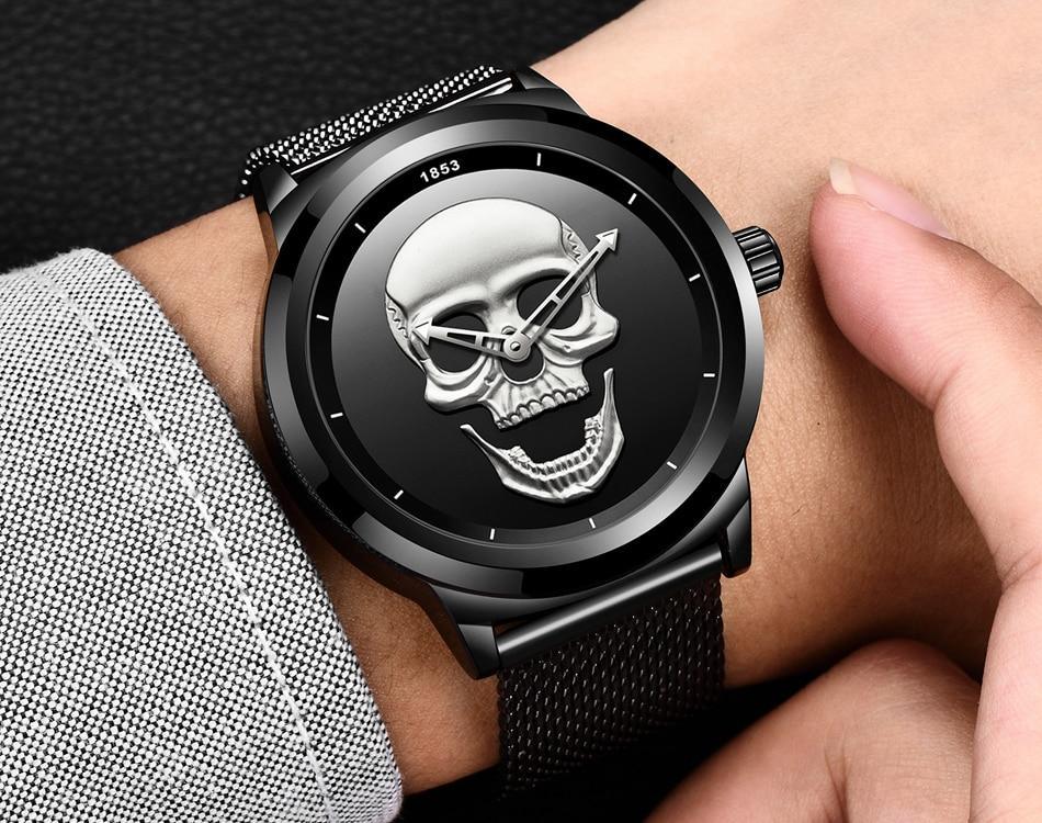 Men's Waterproof Stainless Steel Watch  3D Skull And Fluorescent Hands Unique Design Perfect Gift