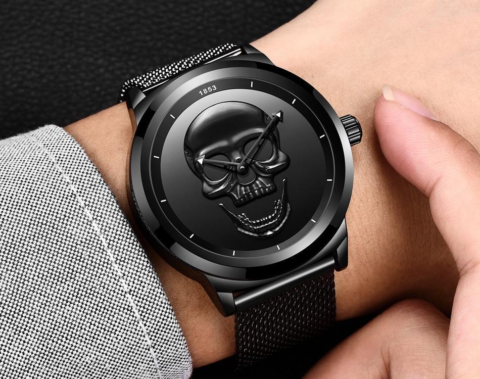 Men's Waterproof Stainless Steel Watch  3D Skull And Fluorescent Hands Unique Design Perfect Gift