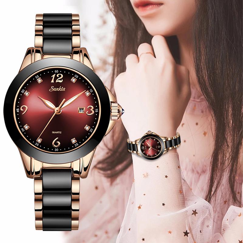 Waterproof Womens Watch With Stainless Steel Bracelet Combined With Ceramic Stones Fluorescent Hands And Shining Background Decorated With Zircons