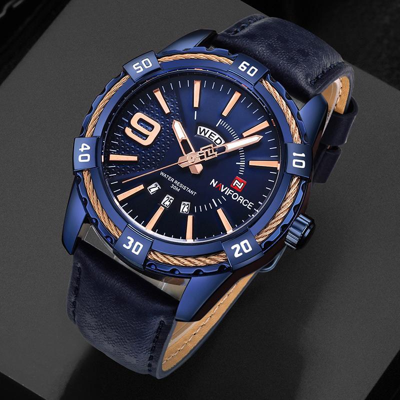 Men's Waterproof Leaghter Watch With Day, Date and Fluorescent Hands Perfect Gift For Your Man