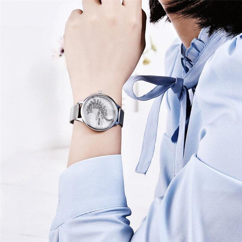 Luxury Womens Round Watch Simple Analog Quartz Watches Elegant Stainless Steel Mesh Strap Fashionable Wrist Watch For Woman