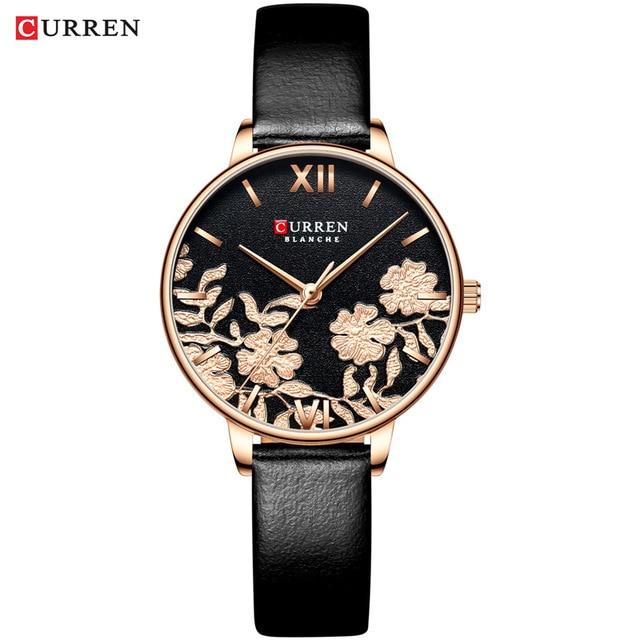 Womens Elegant Waterproof Clock With Decoupage Flower Details In Variant With Leather And Stainless Steel Knitted Belts